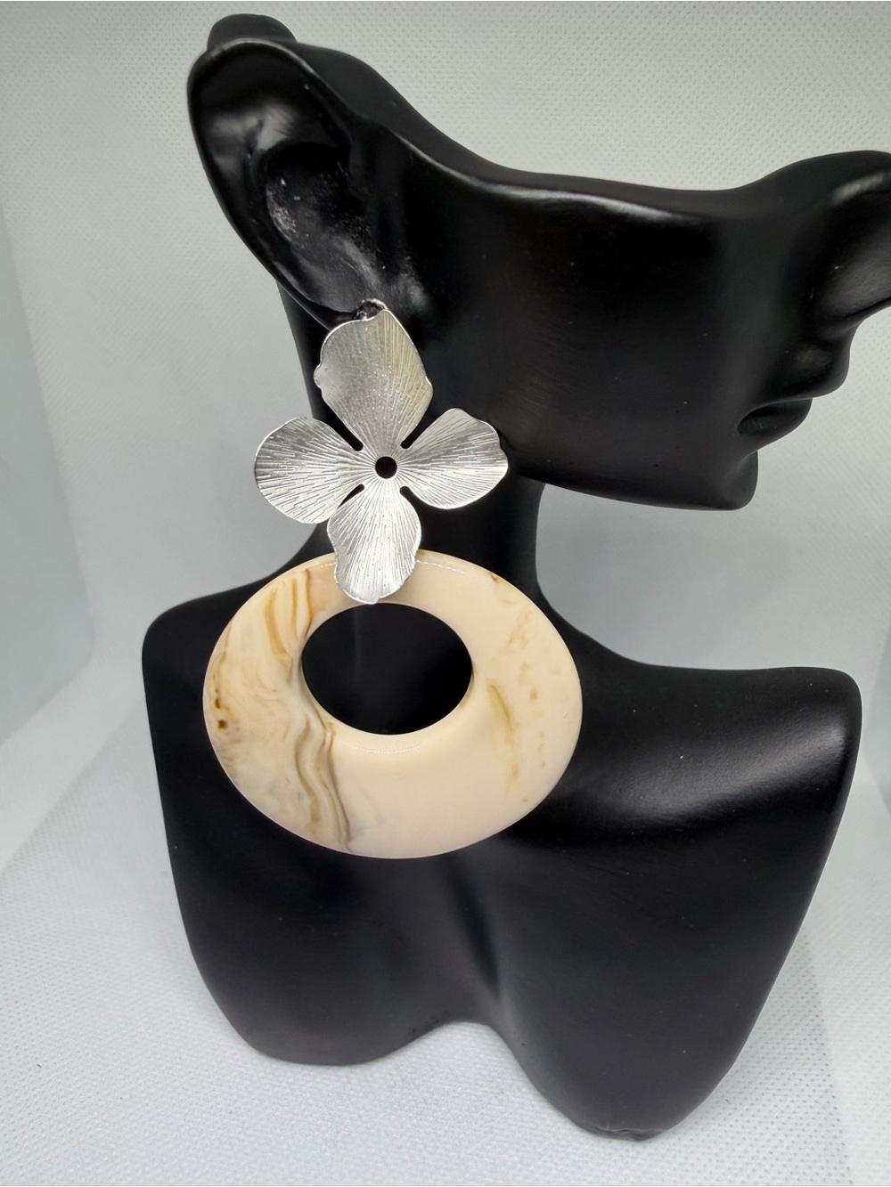 Silver Floral Top Cream Marble Hoop Drop Earrings